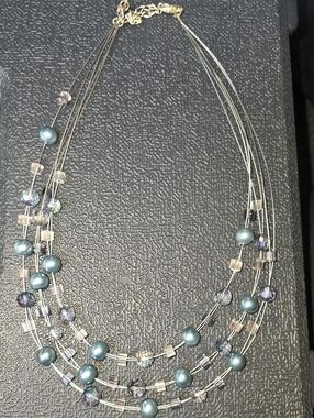 Source Unknown Teal Pearl and Iridescent Crystal Multi-Strand Necklace